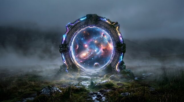 Futuristic stargate portal in a misty landscape, glowing cosmic wormhole to another galaxy, sci-fi stone gateway with blue energy and nebula stars
