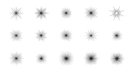 Obraz premium Collection of fifteen different starburst and sunburst graphic elements with radiating lines in a vintage hand-drawn style.