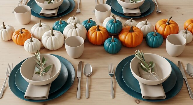 Colorful pumpkins and dishes on a wooden table for fall dining  seasonal table setting