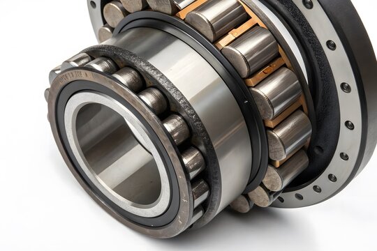 Close-up of a precision industrial roller bearing on white background