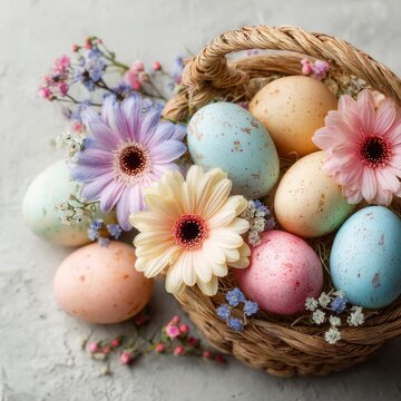 easter eggs with flowers in a basket