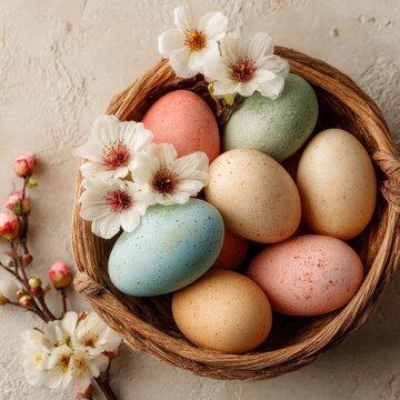colorful easter eggs with flowers in basket