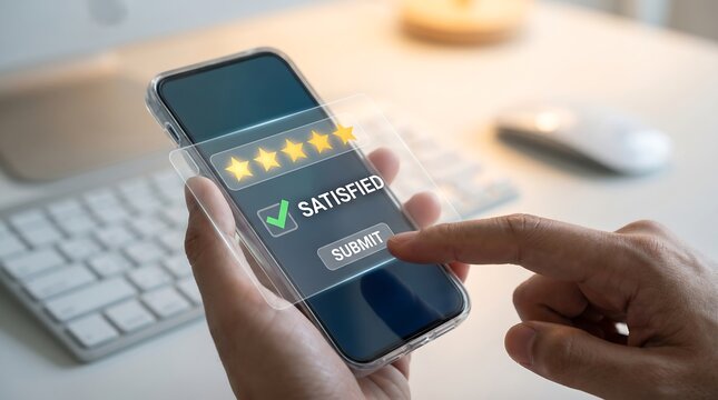 Hands holding smartphone displaying online customer satisfaction survey with five stars and satisfied checkmark high resolution 8K ultra quality image f ull details prompt vertical display ratio