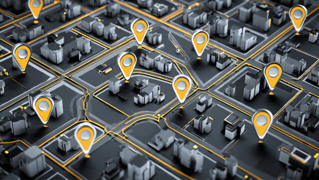 City Map with Location Pins and Streets.
