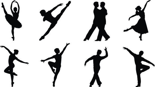 Silhouette collection of diverse dancers performing ballet contemporary routines ballroom dancing jumps and graceful poses on stage