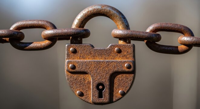 Close-up of rusty old lock on chain, metallic texture