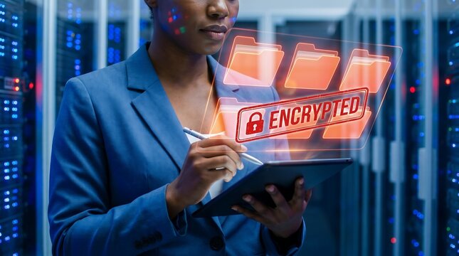Woman in server room viewing encrypted data files on holographic tablet interface in data center environment. f ull details prompt and 8K ultra quality and add image ratio with encrypted, security