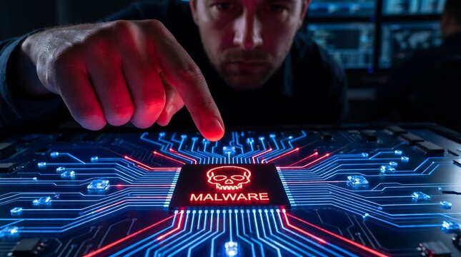 Hacker pointing at malware chip with skull symbol and red glow computer cybersecurity security vulnerability protection firewall abstract background pointing technology electronic software