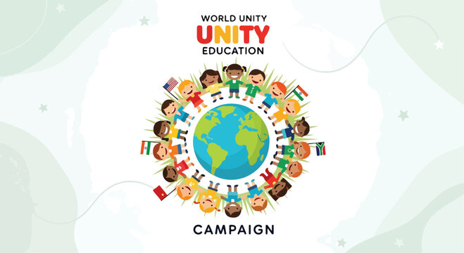 A colorful illustration of diverse children holding hands around the globe