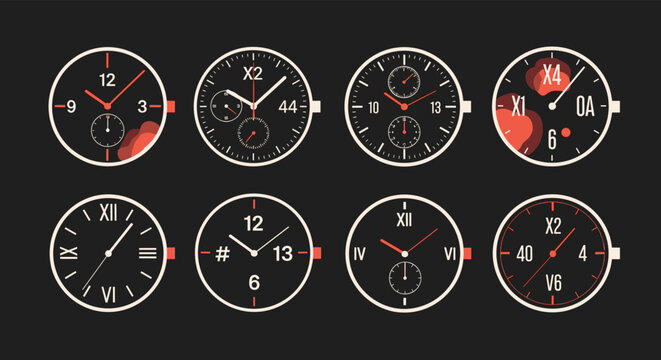 Assorted collection of modern and classic analog watch faces with various hand designs and numbering styles on a black background.