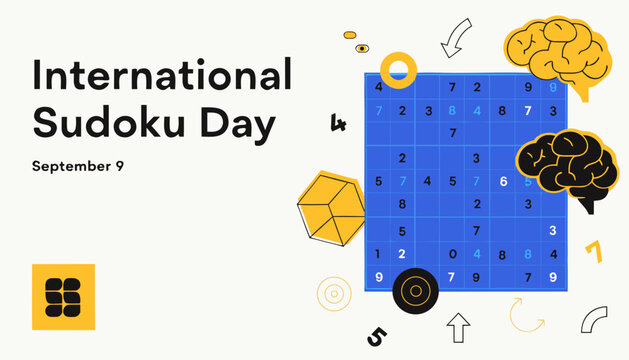 International Sudoku Day, puzzle brain icons, September 9, brain teaser vector graphics
