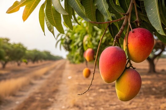 Ripe mangoes hanging on tree branches in orchard with agriculture, tropical
