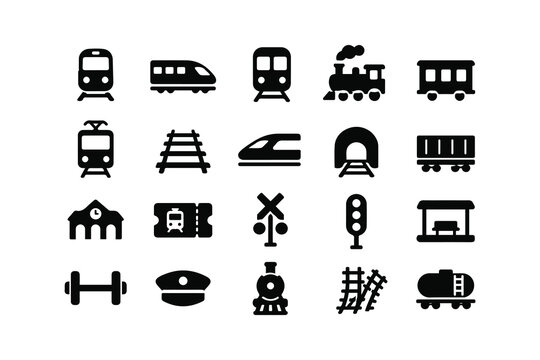 Black train icons set with railway signs and symbols Vector
