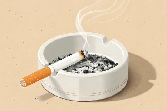Smoldering cigarette in white ashtray with smoke cigarette addiction nicotine