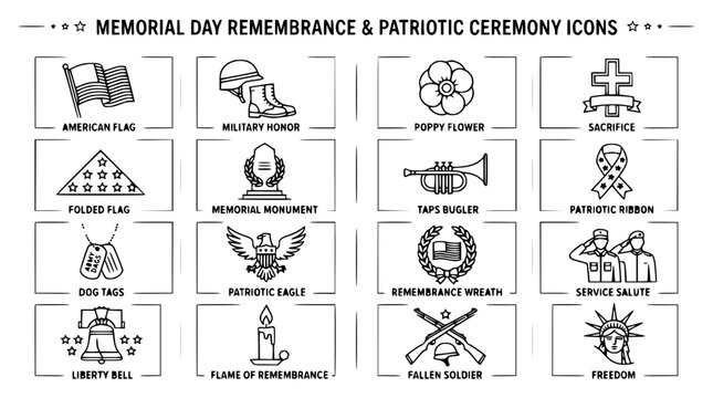 Memorial Day & Patriotic Icons: Flag, Poppy, Soldier, Liberty Bell, Eagle, Taps