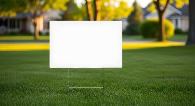 Blank White Yard Sign on Green Grass Lawn in Suburban Residential Neighborhood Daytime View