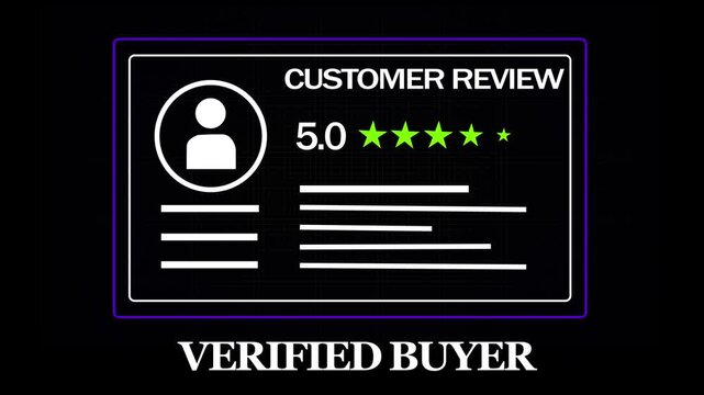 Animated verified buyer customer review interface with five star rating system and user profile for e-commerce websites, digital marketing campaigns, and online business trust building presentations