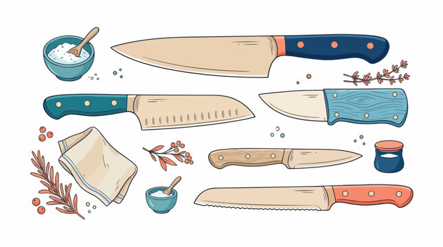 Colorful illustration of kitchen knives set.