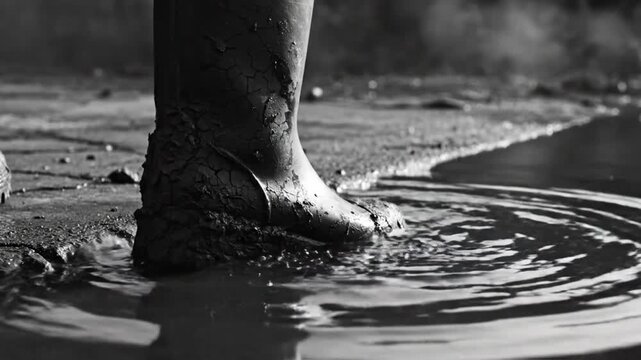 Black and white close up of a muddy boot stepping into a murky puddle creating ripples