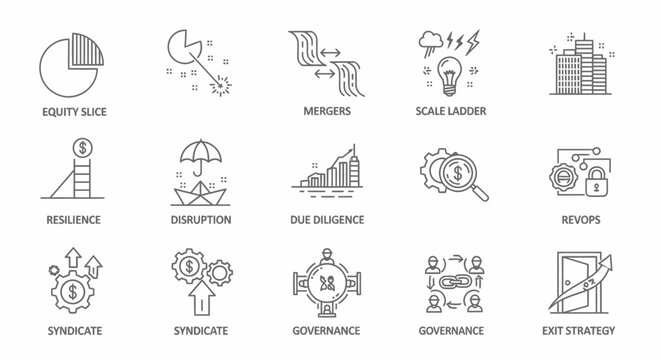 Executive financial management icons set, business strategy symbols