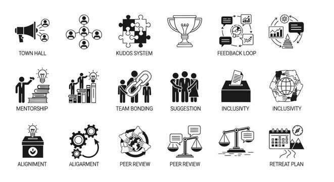 Black and white vector icons illustrating various company culture concepts