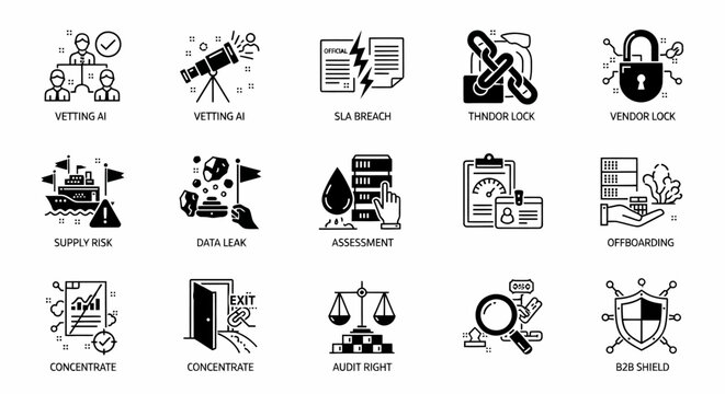 Vendor risk assessment and compliance icons set, black and white line art