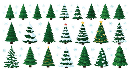 Fototapeta premium Extensive collection of diverse evergreen and decorated Christmas tree icons with snowflakes on a white background.