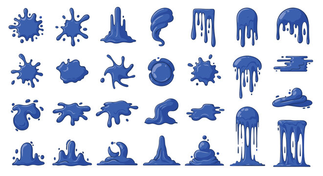 Collection of blue liquid splashes, drips, and slime puddles in various shapes and forms for creative design elements.
