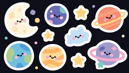Illustration Of Cute Celestial Sticker Pack With Moon Stars And Planets Vector Design Template © BedRoses