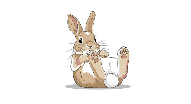 Adorable brown and white rabbit lying on its back with its paws up in a playful pose, isolated on a clean white background.