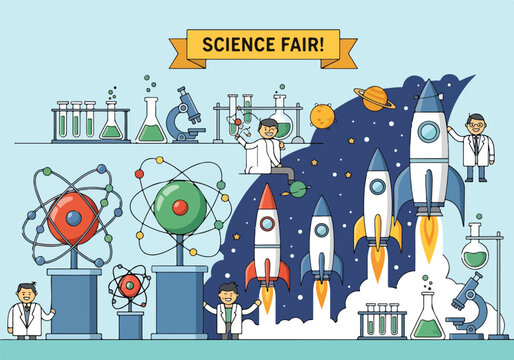 A colorful science fair illustration with cartoon scientists and rockets