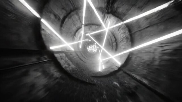 Futuristic abstract tunnel with bright linear geometric patterns, dark motion design