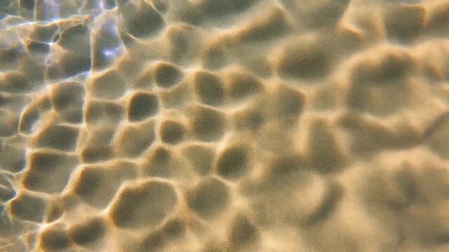 Underwater sand ripples and sunlight caustics background. Clear shallow water with golden sandy bottom. Natural light patterns moving across seabed. Static camera angle. Professional video footage.