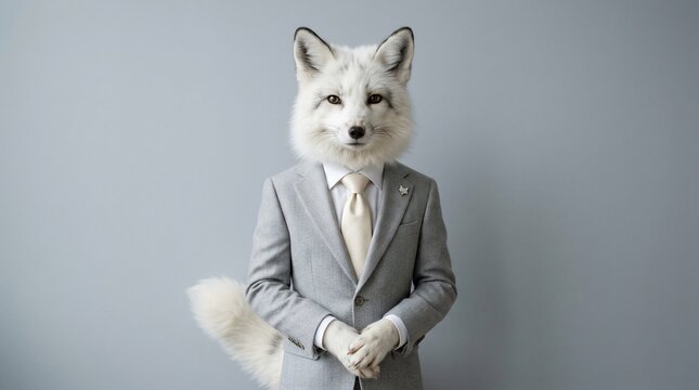 A businessman in a suit with a fox head standing against a grey wall.