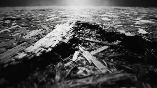 Low angle close-up cinematic shot of damaged oriented strand board (OSB) with sun flare perspective in black and white