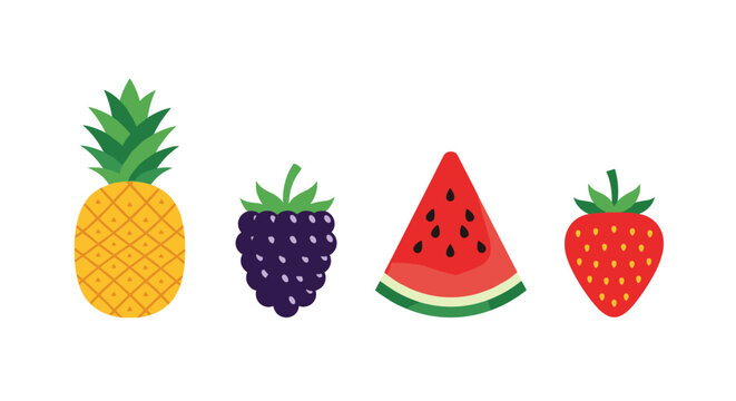 Flat minimalist icons of healthy fruits including a whole pineapple, a blackberry, a slice of watermelon, and a strawberry.