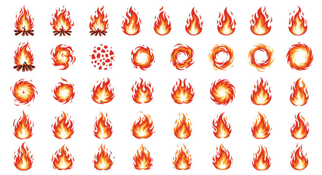 Comprehensive collection of fire and flame icons shows various stages and intensities of burning for animation or design.