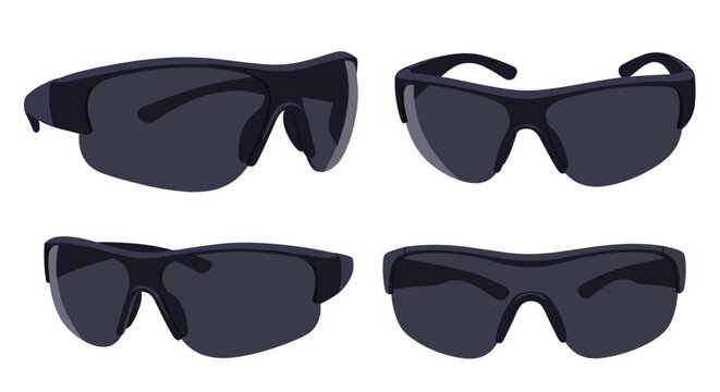 Four different perspectives of black athletic sunglasses or protective eyewear designed for sports and outdoor activities.