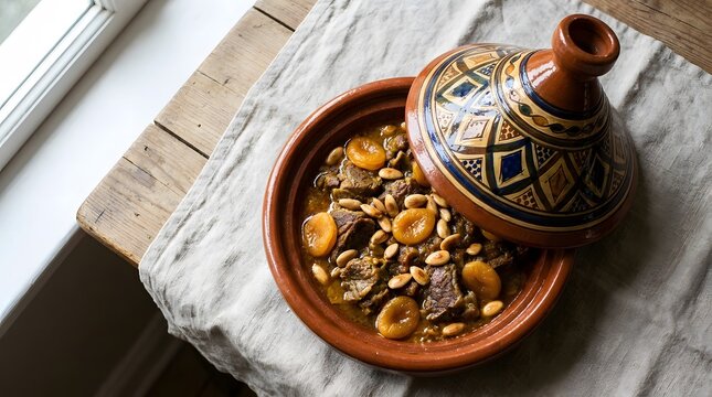 Moroccan tagine with beef, dried apricots, almonds, and spices cooked in traditional earthenware pot.