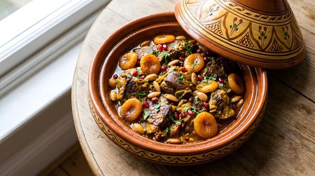 Moroccan tagine with beef, dried apricots, almonds, and pomegranate seeds in traditional earthenware pot.