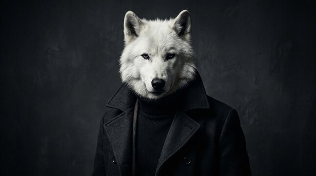 A surreal portrait of a man with a white wolf head wearing a formal black coat.