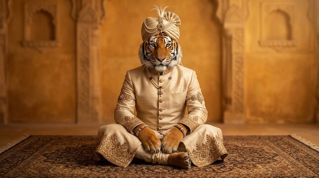 A tiger headed man dressed in traditional Indian wedding attire sitting in a meditation pose.