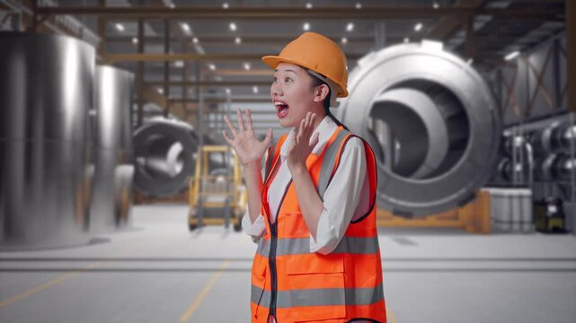 Side View Of Asian Female Engineer With Safety Helmet Smiling To Camera And Saying Wow While Standing at Heavy Factory with Large Turbine Components