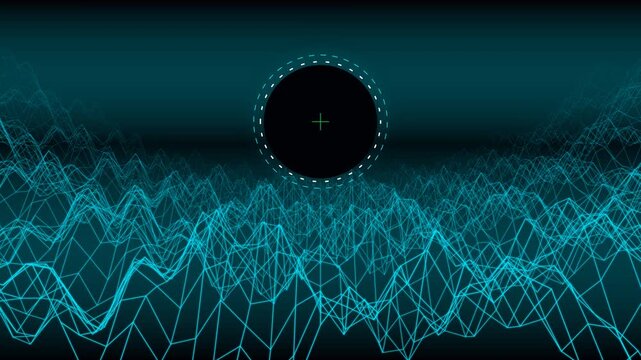 Cyber Topographic 3D Wireframe Terrain Loop with Horizon HUD Sun