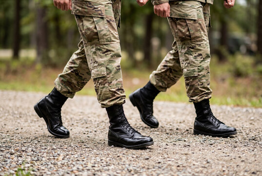 Low section view of two uniformed soldiers walking in synchronicity along a gravel path outdoors