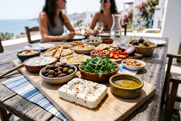 Obraz premium Traditional greek mezze platter with feta, dips, olives and pita bread