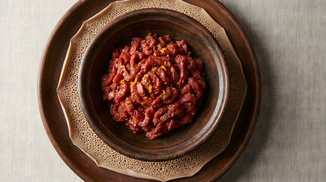 Traditional ethiopian kitfo, raw minced beef mixed with spices, served in wooden bowl with injera bread.