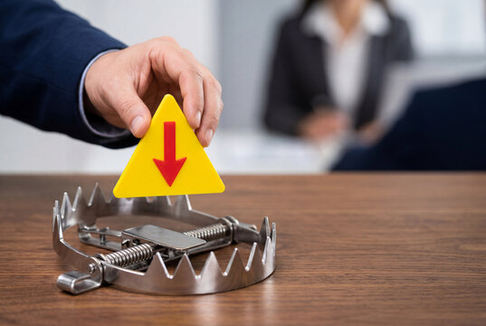 Hand holding a yellow downward arrow sign hovering above a metallic bear trap on a wooden desk