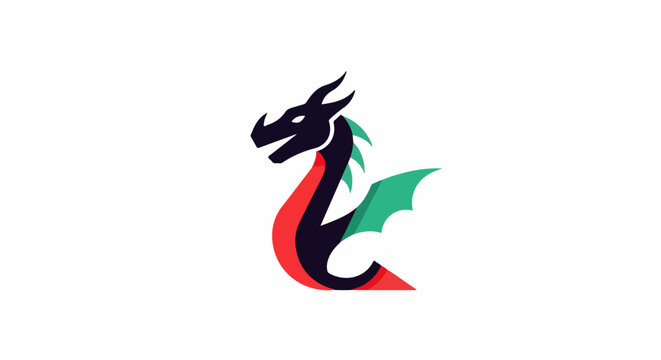 Stylized dragon with black head, red neck, green wings, white background