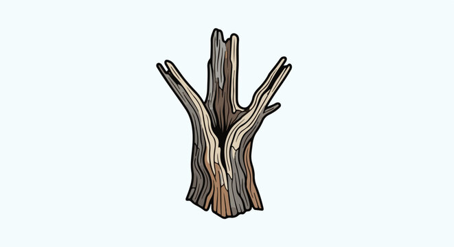 Stylized drawing of a weathered, multi-pronged, dead tree trunk with a split